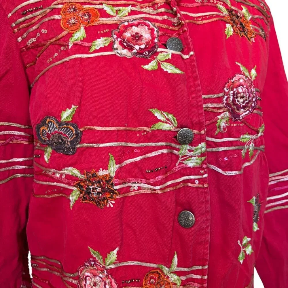 Coldwater Creek Red Floral Embellished Embroidered Denim Jacket